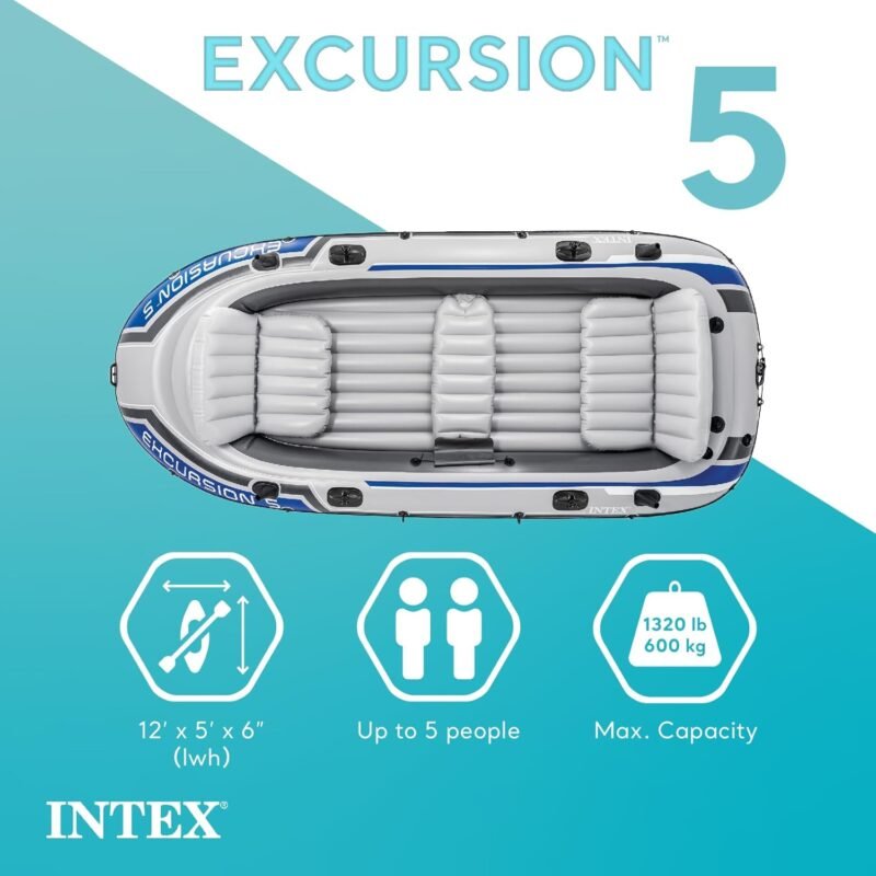 Intex Excursion 5 Inflatable Boat – 5 Person Portable Raft with Oars & Pump - Image 4