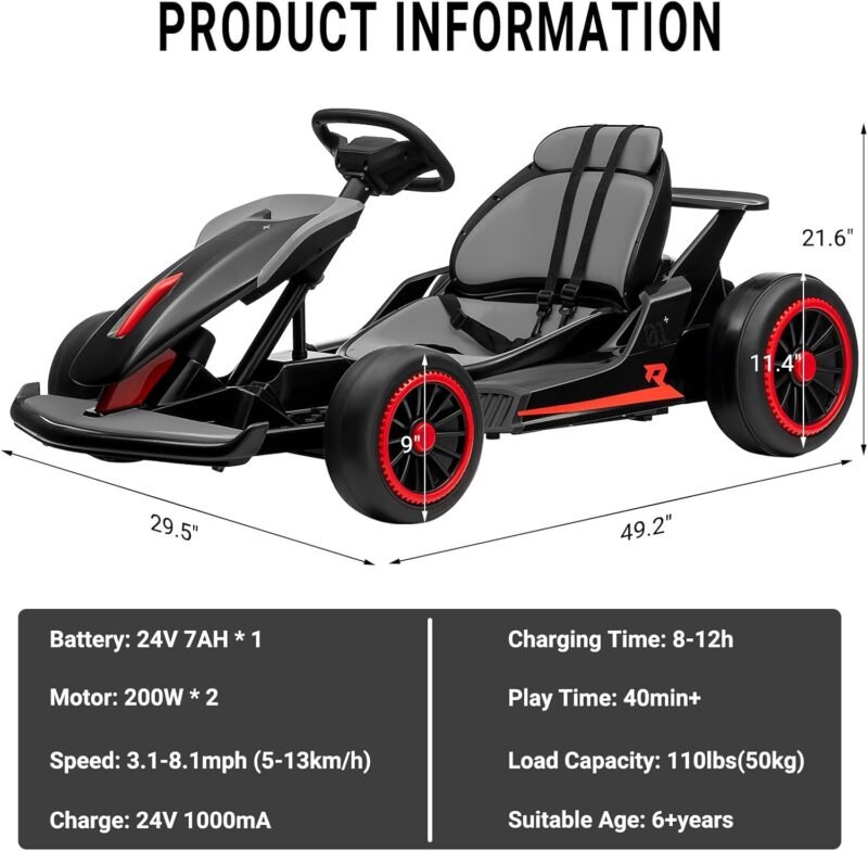 24V 2x200W Electric Go Kart for Kids with Adjustable Seat & LED Lights - Image 2