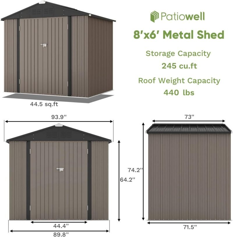 Patiowell 8x6 FT Outdoor Metal Storage Shed – Lockable & Weather-Resistant - Image 4